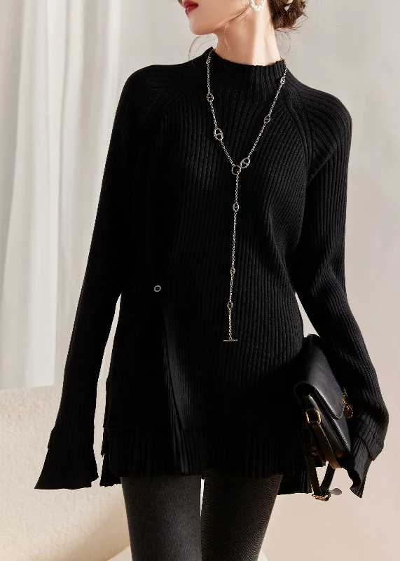 Blowout Deals Style Black Patchwork False Two Pieces Thick Knit Sweater Winter