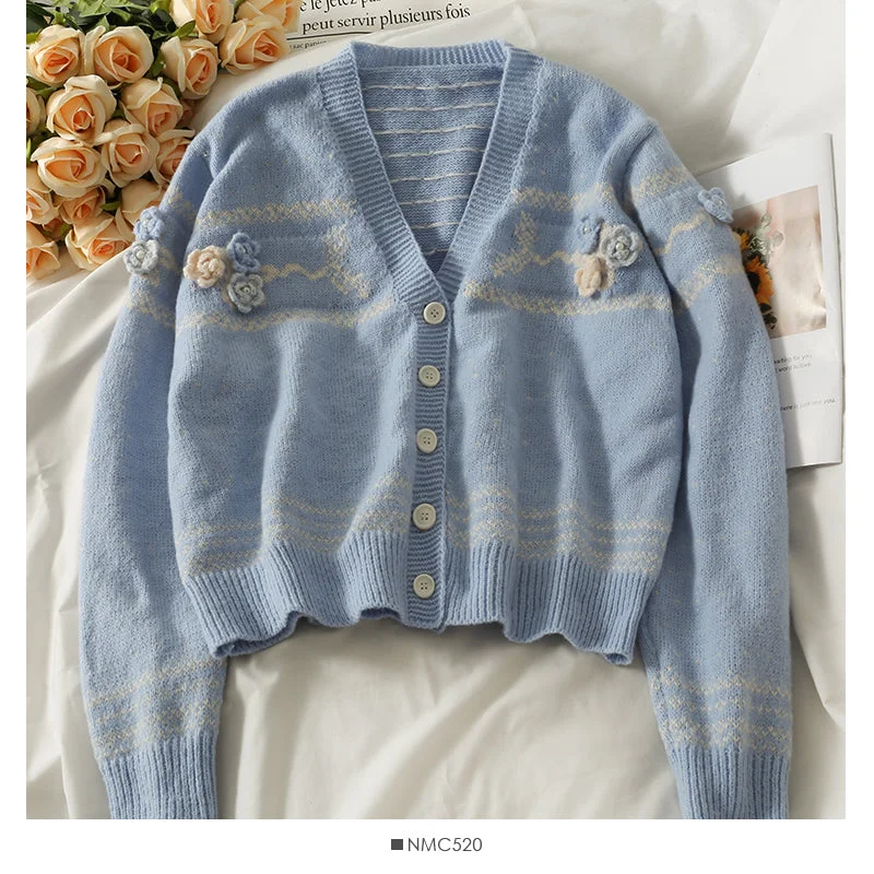 Best Bargains Sweet three-dimensional flower wavelet point short cardigan sweater  2039