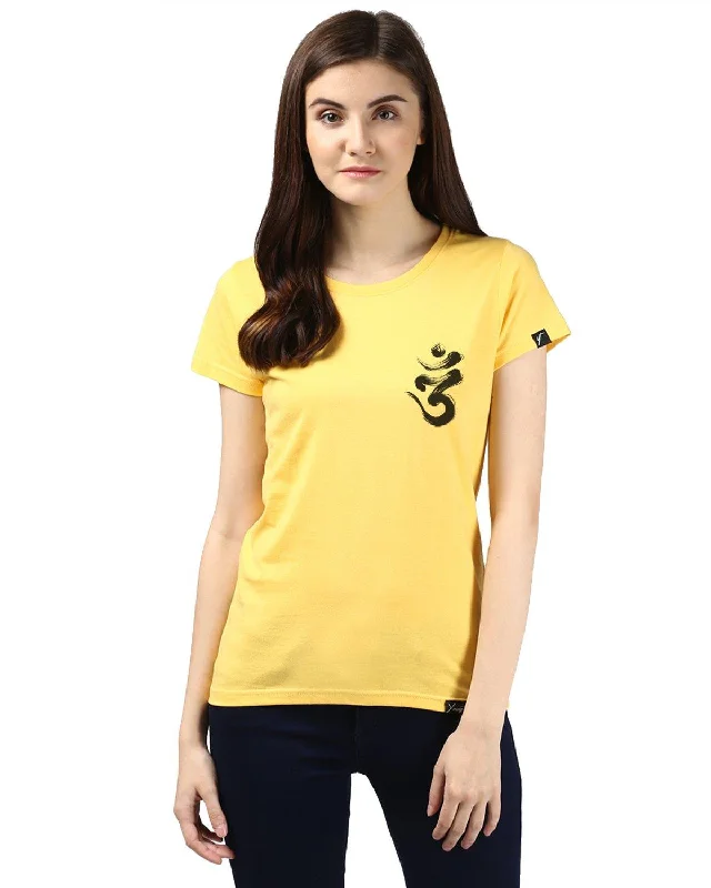 Massive Deals Womens Half Sleeve Ommtrishul Printed Yellow Color Tshirts