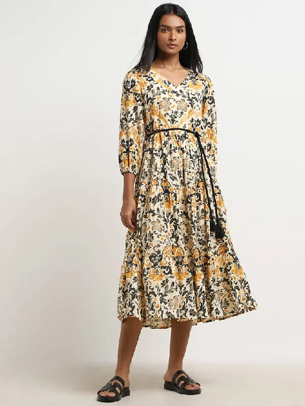 Clearance Sale LOV Beige Floral Printed Tiered Dress with Belt