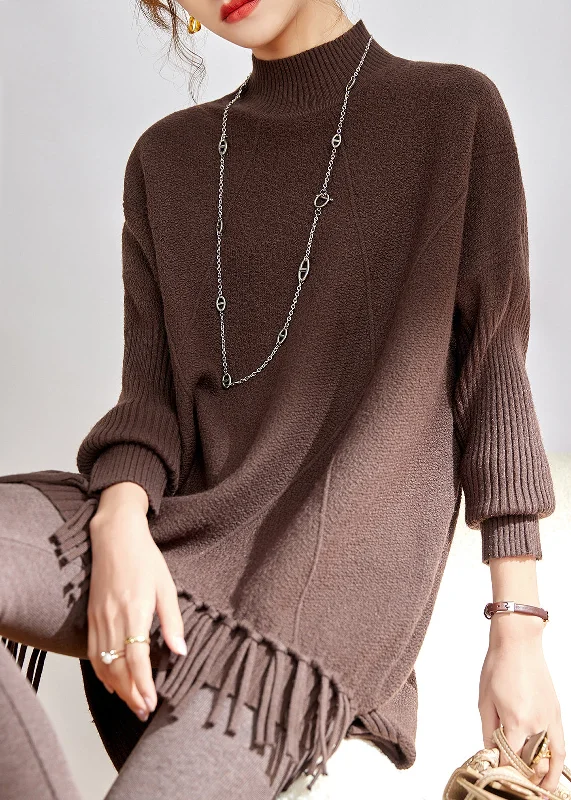 Must-Have Deals Style Loose Coffee Tasseled Thick Patchwork Knit Sweaters Winter