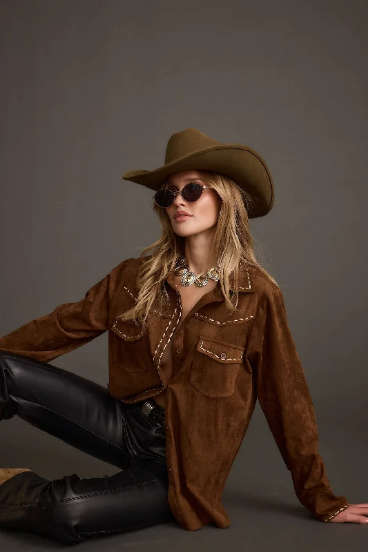 Seasonal Sale Rustic Pines Brown Suede Button Down Top