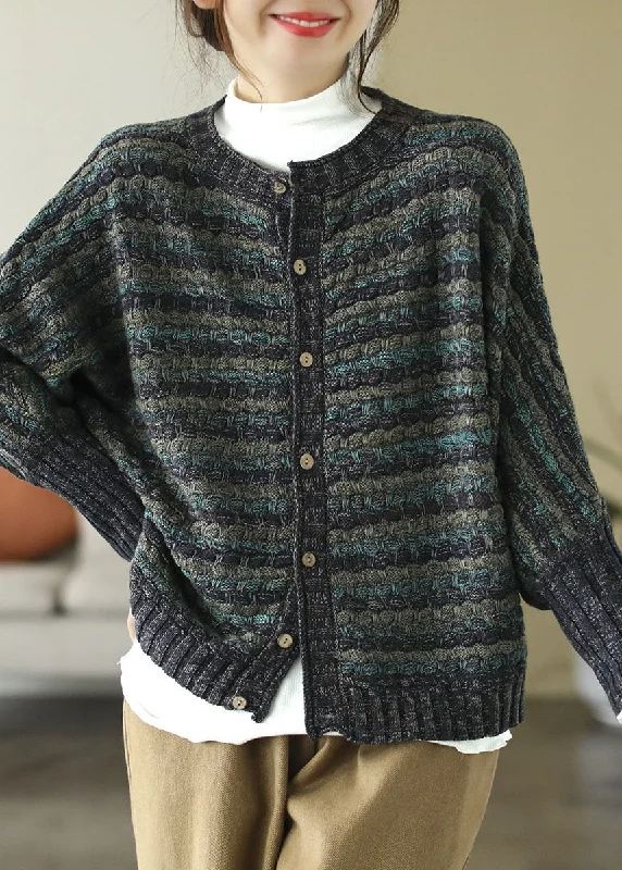 Exclusive Savings Fine Green O-Neck Print Button Cotton Knit Sweaters Coats Long Sleeve