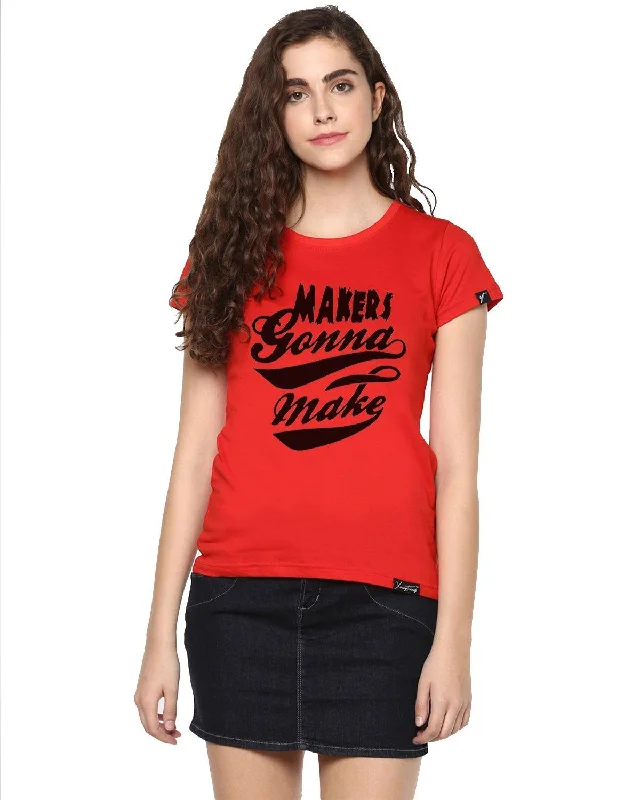 Price Slash Womens Half Sleeve Maker Printed Red Color Tshirts