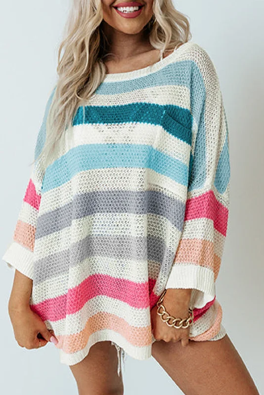 Weekend Bargains to Indulge In Multicolor Striped Knit Top with Chest Pocket