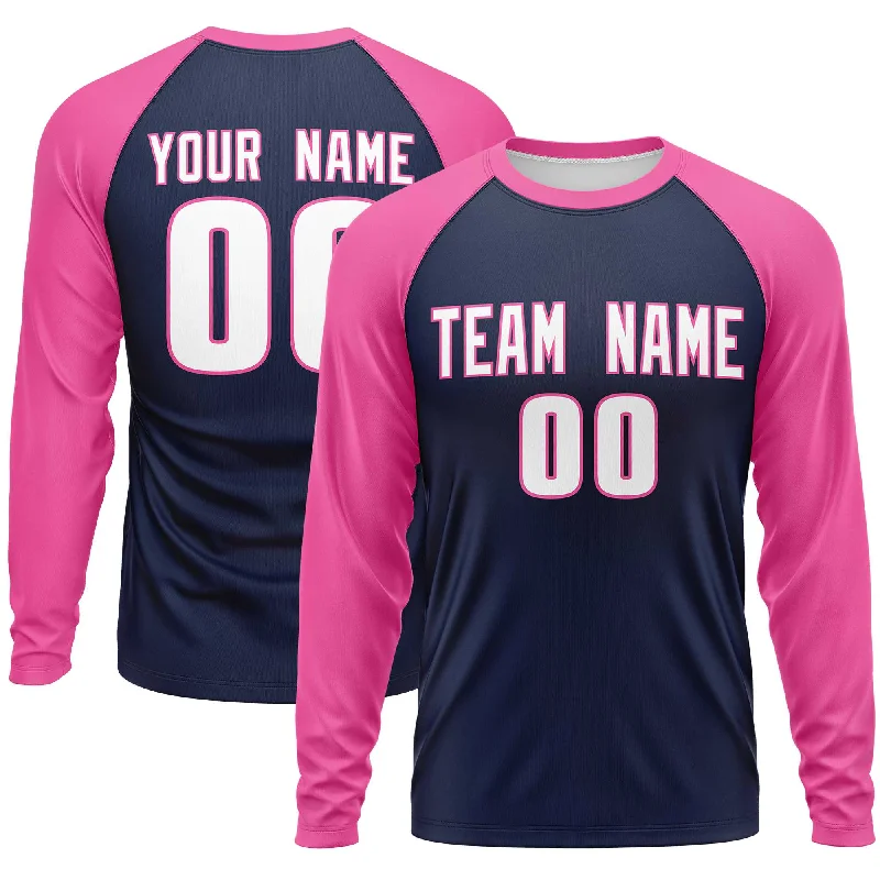 Custom Navy Pink Crew Neck Raglan Long Sleeve Performance T-Shirt