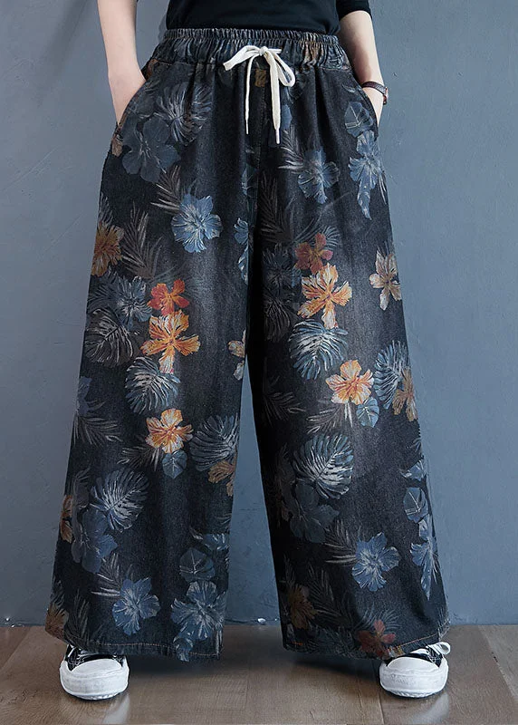 Grand Opening Sale Stylish Black Oversized Print Cotton Denim Straight Pants