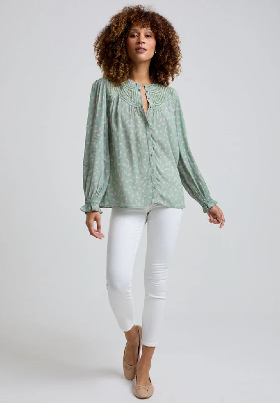 New Arrival Fearne Cutwork Detail Dove Print Blouse In Green