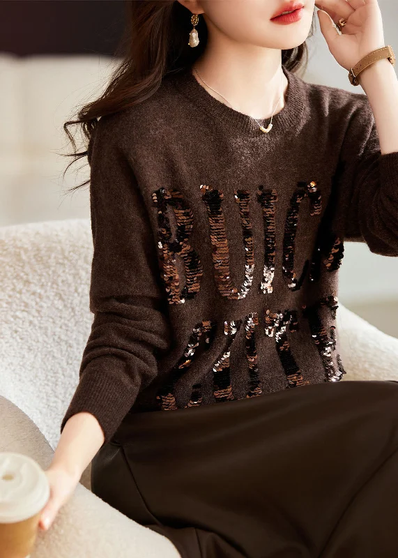 Weekend Special Natural Chocolate O-Neck Sequins Cozy Cotton Knit Sweaters Long Sleeve