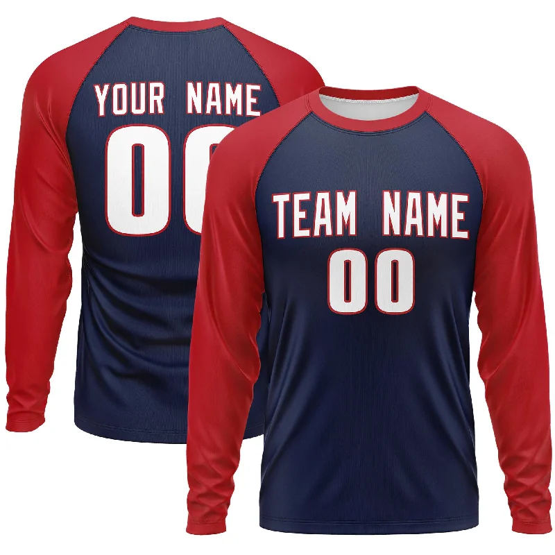 Custom Navy Red Crew Neck Raglan Long Sleeve Performance T-Shirt