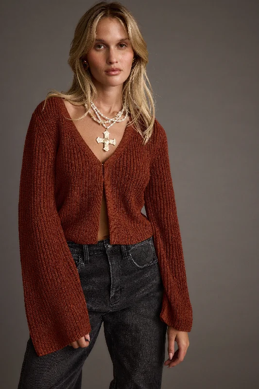 Stock Clearance Fawn Rust Long Sleeve Split Front Knit Top