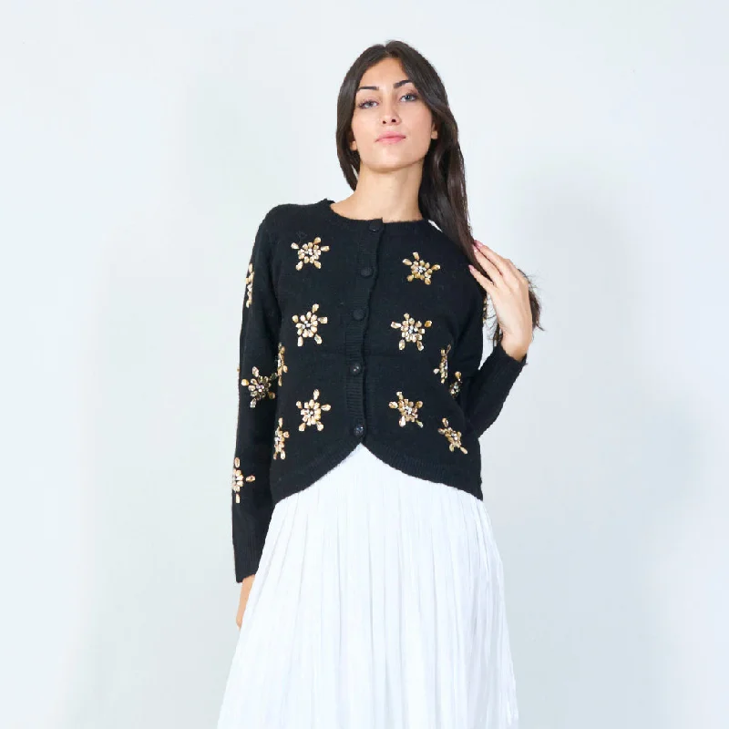 Deep Discounts Embellished button-up knit cardigan wholesale
