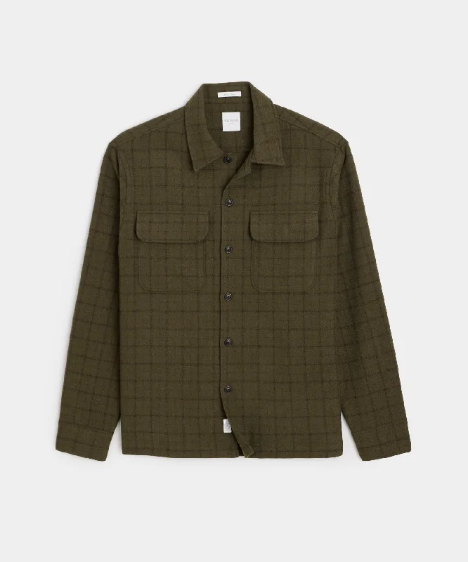 Italian Wool Field Overshirt in Olive Plaid