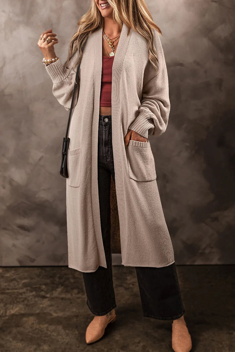 Online Deal Pocketed Open Front Long Sleeve Cardigan