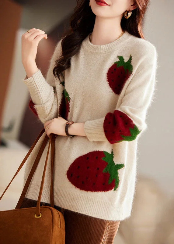 Super Bargain Cute Beige Strawberry Print Cozy Cotton Knit Sweater Long Sleeve