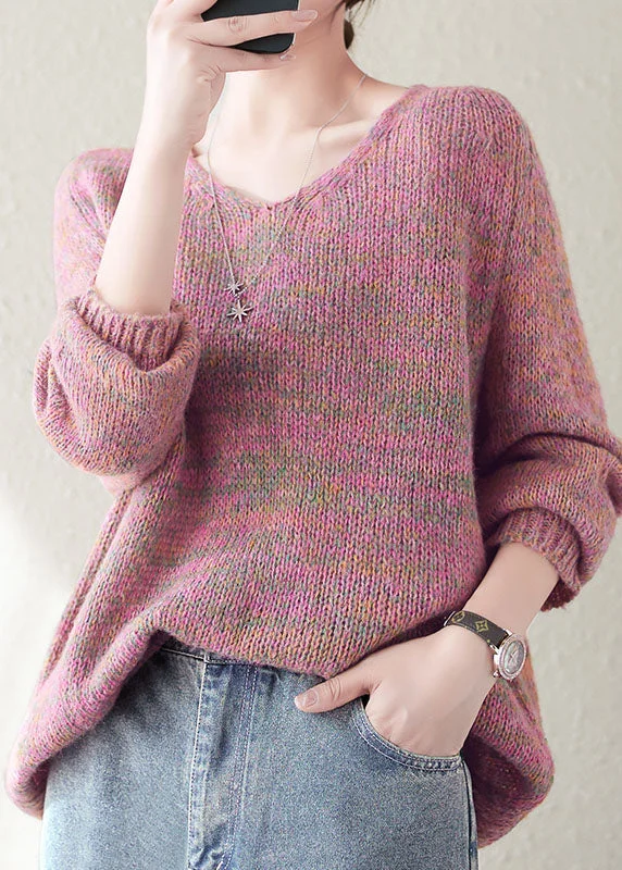 Deal Alert Classy Pink V Neck Cozy Knitted Cotton Sweaters Long Sleeve