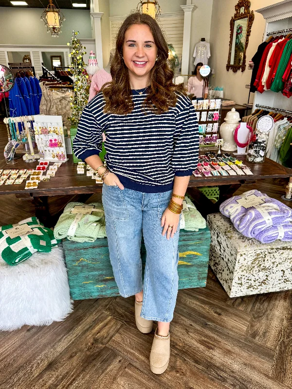 The Best Prices 3/4 Sleeve Striped Top: Navy