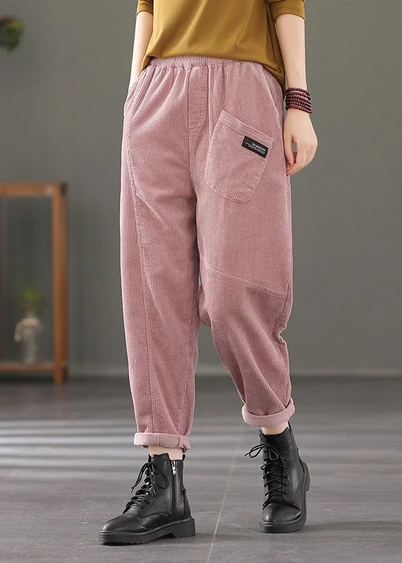 Discount Deals Stylish Pink Elastic Waist Patchwork Corduroy Harem Pants Fall