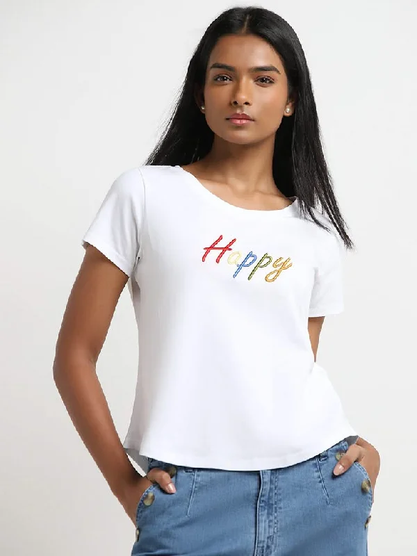 Weekend Offers That Amaze LOV White Text Embroidered T-Shirt