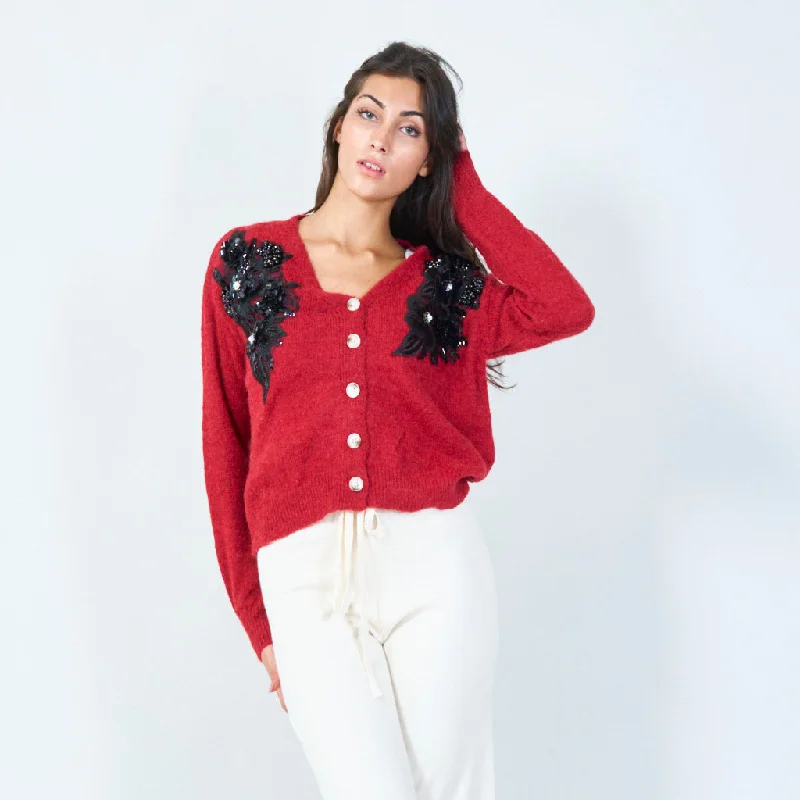 Daily Deals Floral applique knit cardigan wholesale