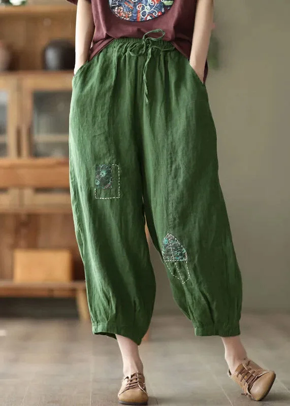 Weekend Deals That Excite Vintage Green Pockets Print Elastic Waist Linen Harem Pants Summer