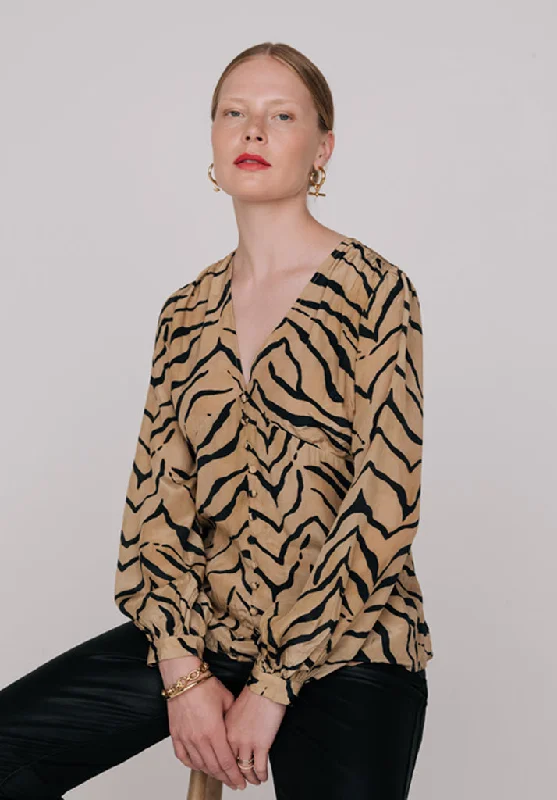 Today Only Emmy Deep V-Neck Tiger Print Blouse In Brown