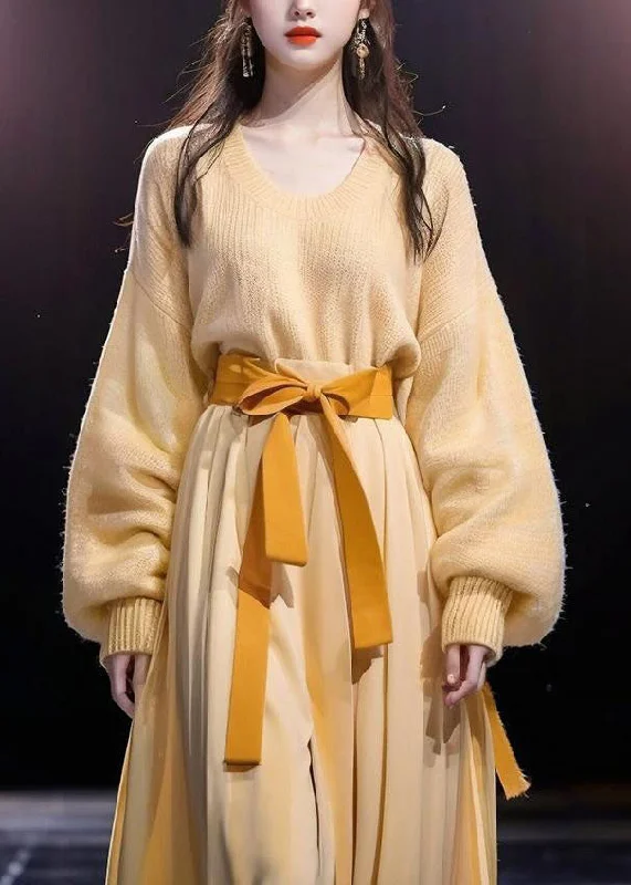 Final Clearance Elegant Yellow O-Neck Bow Cotton Knit Sweater And Maxi Skirts Two Pieces Set Long Sleeve