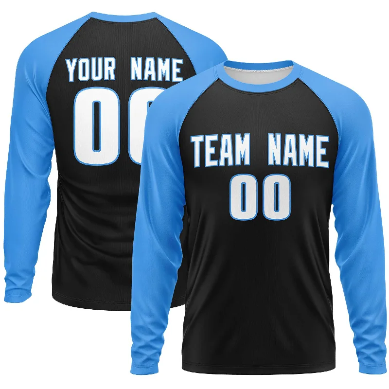 Custom Black Powder Blue Crew Neck Raglan Long Sleeve Performance T-Shirt