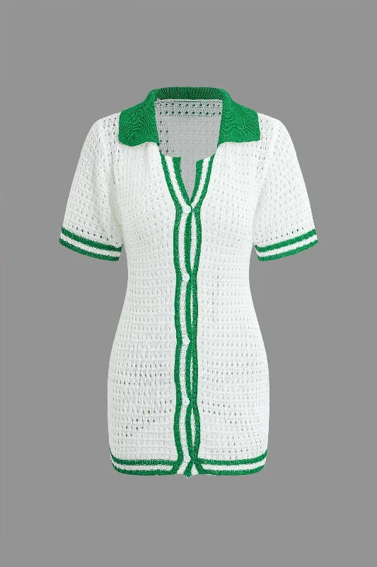 Lowest Price Contrast Button Up Short Sleeve Cardigan Hollow Out Knit Mini Dress