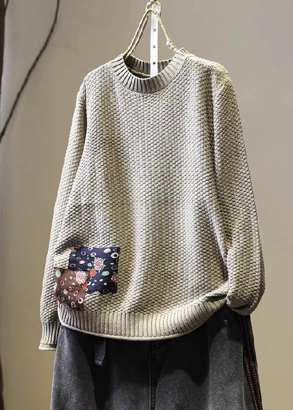Weekend Deals to Make You Smile DIY Khaki Oversized Patchwork Applique Knit Sweater Winter