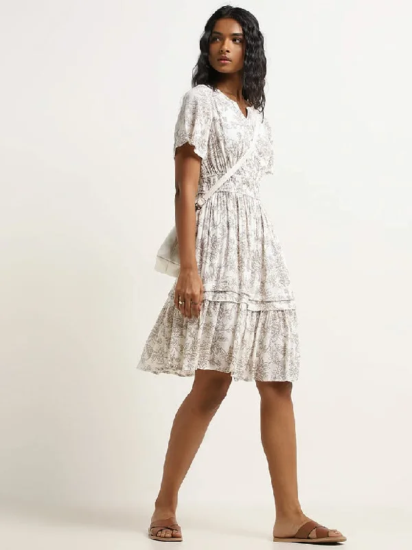 Discount Deals LOV Off-White Floral Print Tiered Dress