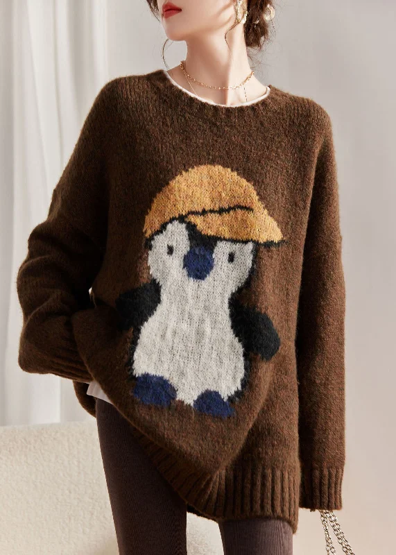 Major Deal Jacquard Coffee O-Neck Thick Cotton Knit Sweater Winter