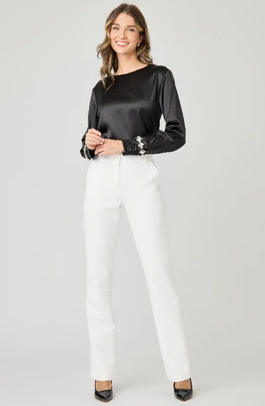 Unwind with Weekend Discounts Long Sleeve Satin Blouse with Rhinestone Cuffs