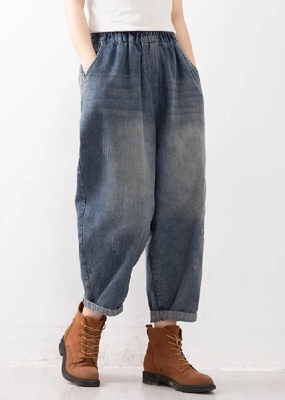 Bargain Alert Women Blue Elastic Waist Pockets Harem Fall Denim Pants