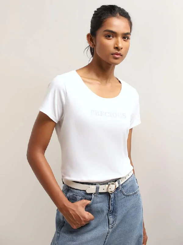 Weekend Offers That Impress LOV White Diamante Text Design T-Shirt