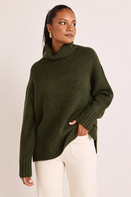 Crazy Savings Zealous Dark Khaki Roll Neck Super Soft Knit Jumper