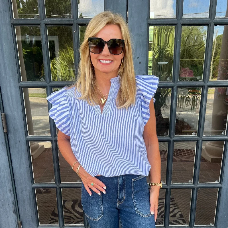 Blowout Sale Brooke Striped Ruffle Sleeve Top | Blue