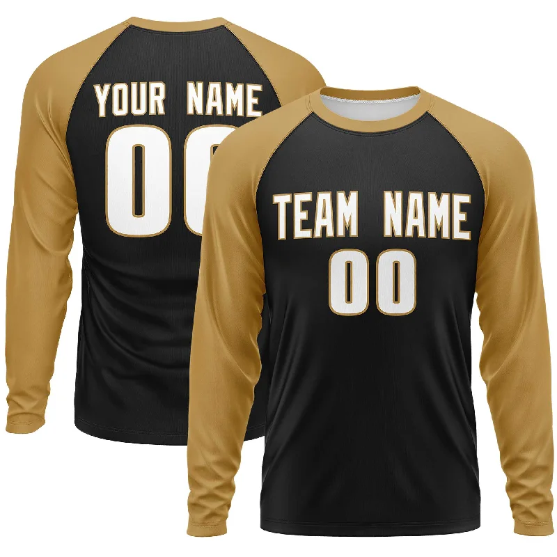 Custom Black Old Gold Crew Neck Raglan Long Sleeve Performance T-Shirt