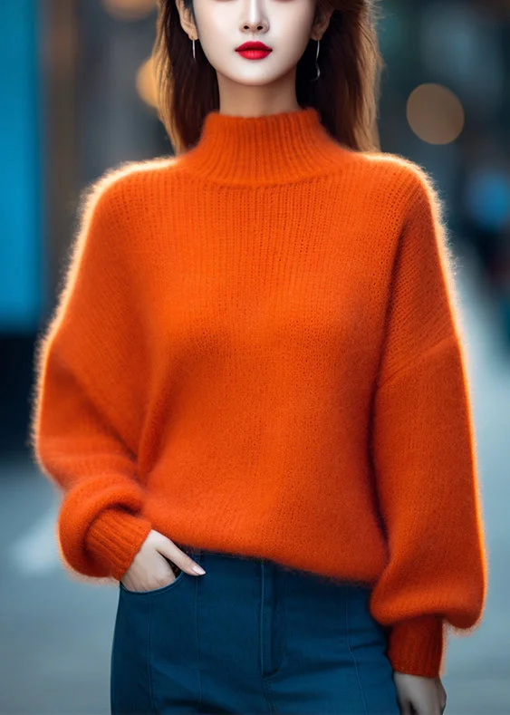 Bargain Alert Simple Orange Turtleneck Solid Cotton Knit Top Long Sleeve