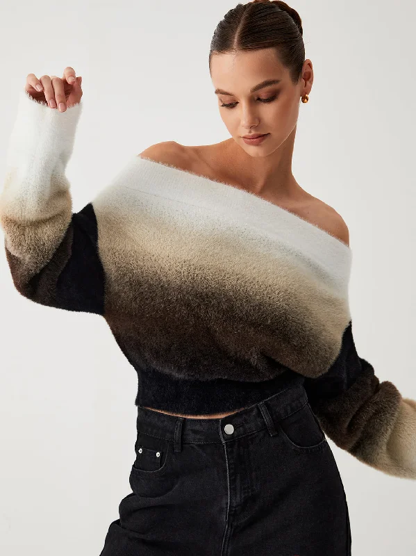 Last Chance Dawn Ombre Fuzzy Trendy Off Shoulder Crop Sweater