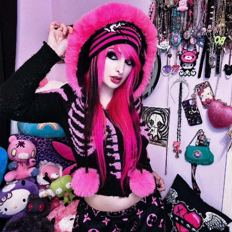 Online Only Bony Rib Cage Skelly Pink Fur Cardigan