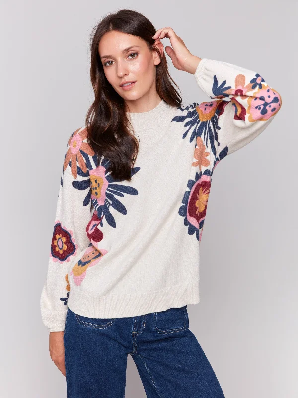 Crazy Savings Floral Print Mock Neck Sweater - Beige