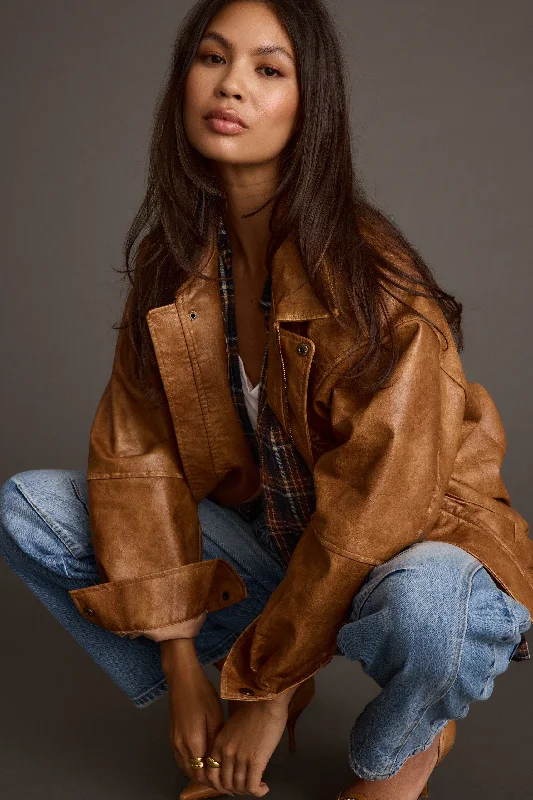TIME-Limited Offer London Calling Cognac Oversized Faux Leather Jacket