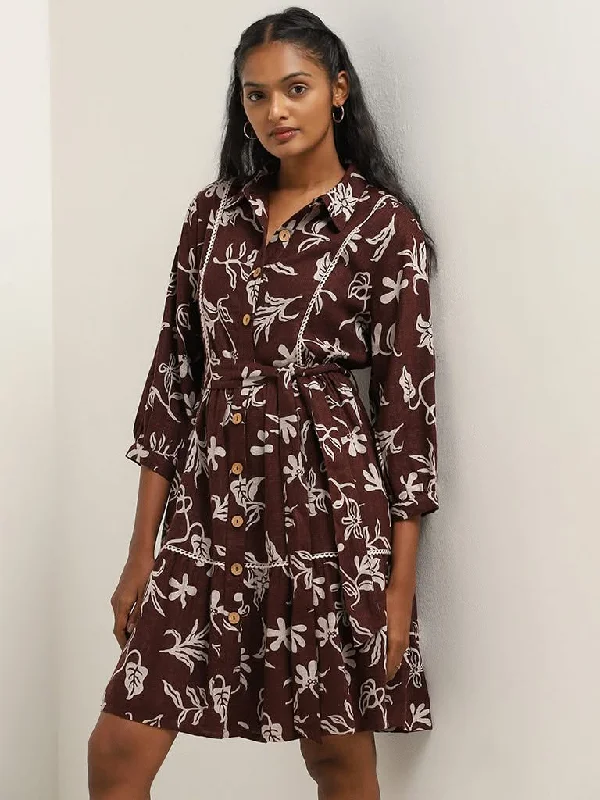 Year-End Sale LOV Brown Floral Design Shirt Cotton Dress with Belt