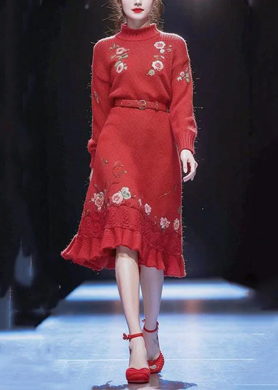 Weekend Savings Spectacular Vogue Red Turtleneck Floral Sashes Cotton Knit Long Sweater Dress Winter Weekend Savings Spectacular Vogue Red Turtleneck Floral Sashes Cotton Knit Long Sweater Dress Winter