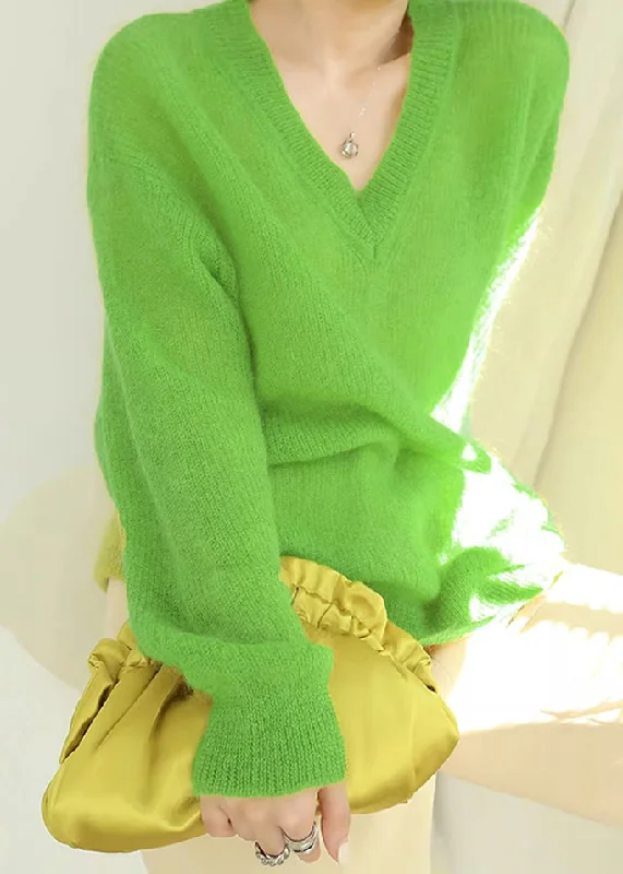 Big Discounts Oversized Simple Green V Neck Cozy Knit Sweaters Fall