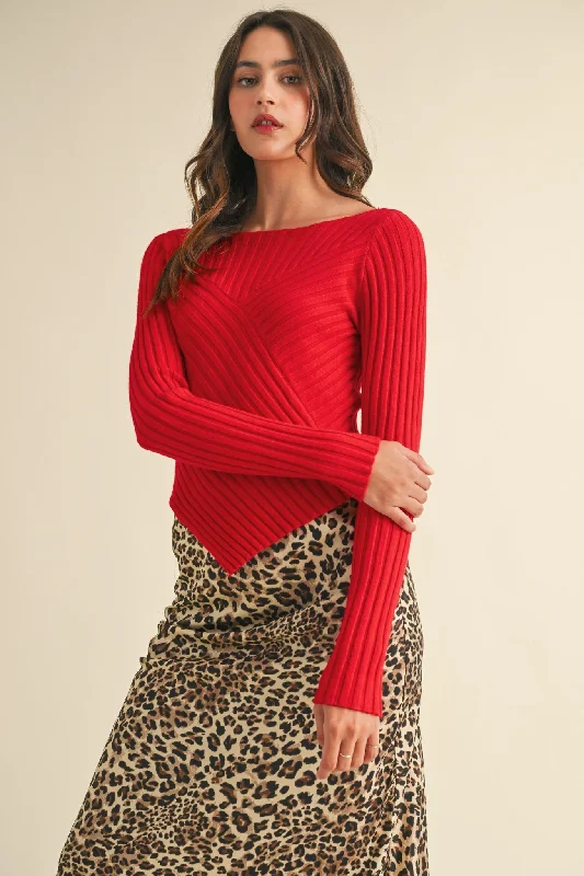 Deal Zone Paige Pointed Hem Ribbed Sweater, Red