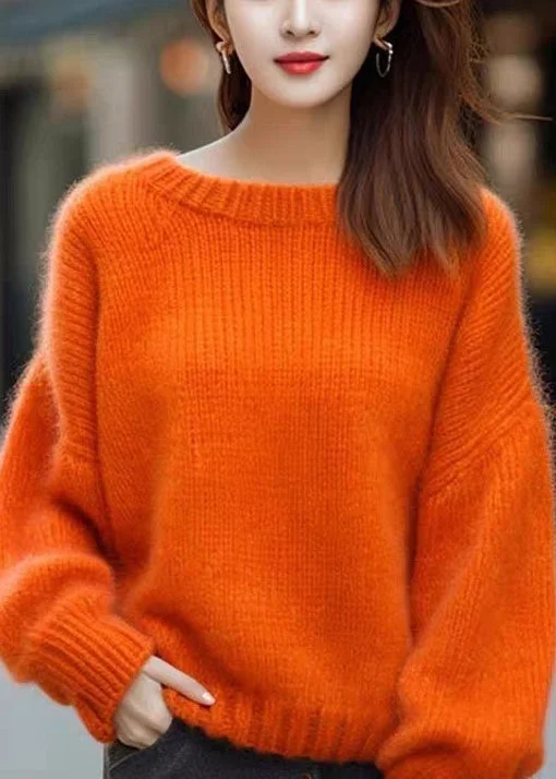 Price Slash Simple Orange O Neck Solid Cozy Cotton Knit Sweaters Long Sleeve