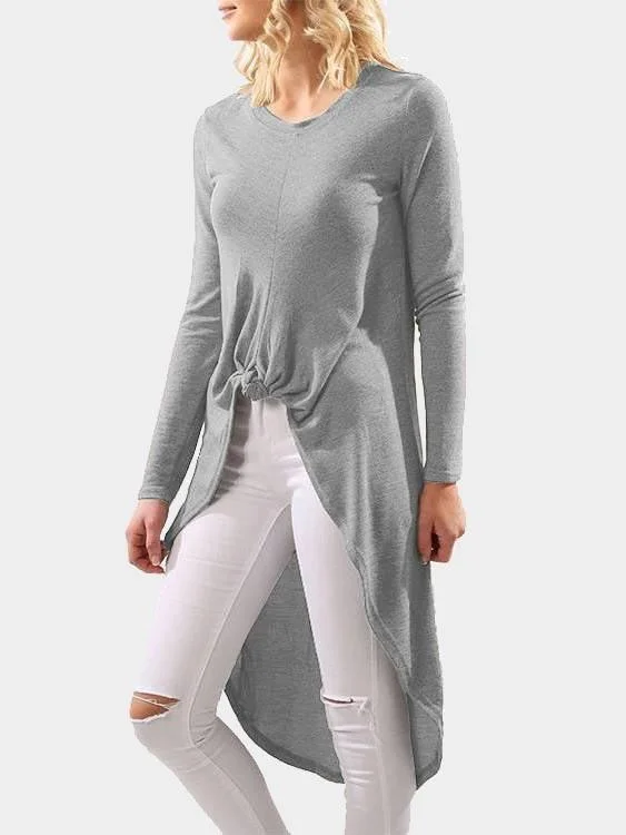 Weekend Shopping Bliss Custom Round Neck Long Sleeve Irregular Hem Grey Top