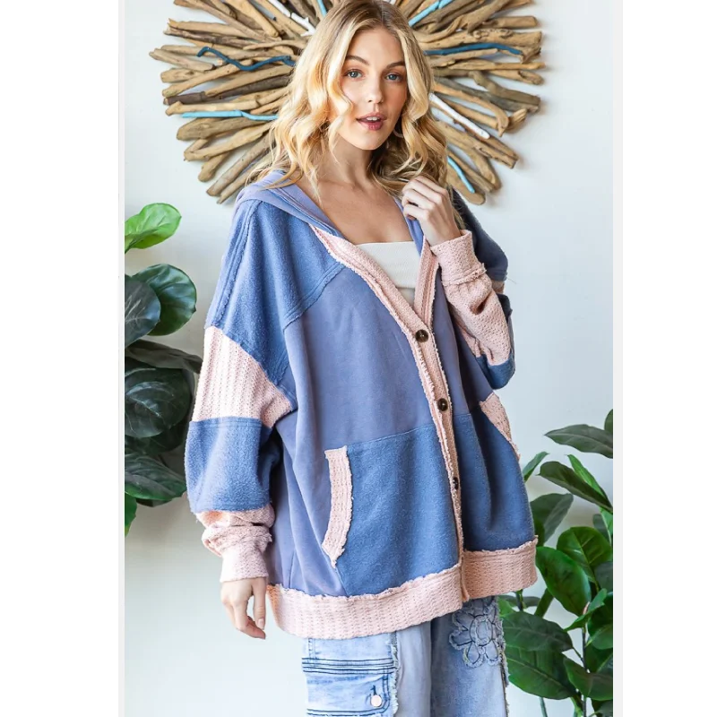Weekend Bargains to Snag Washed Fabric Mixed Cardigan With Hoodie